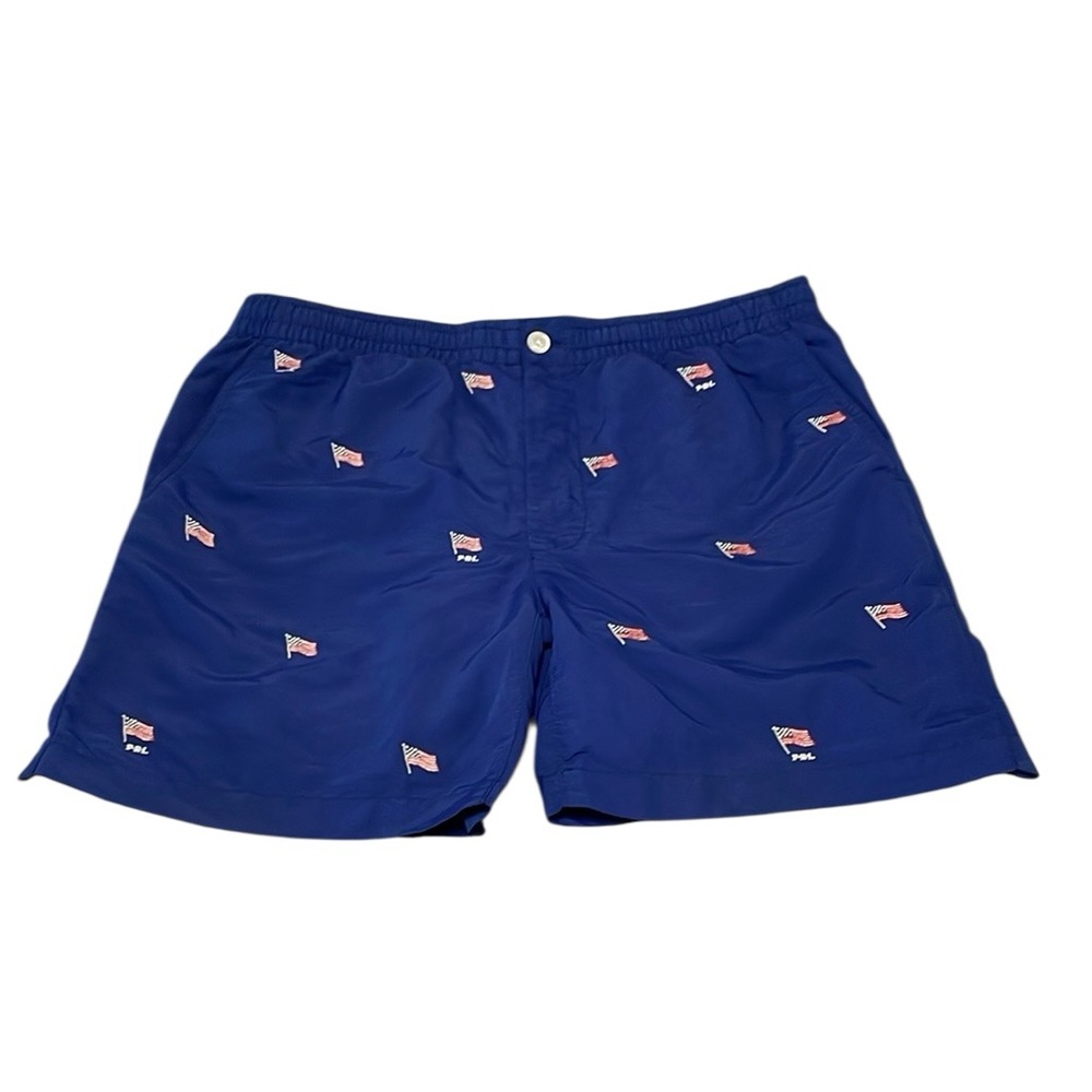 Polo Ralph Lauren Mens Blue Embroidered USA Flag Swim Trunks Shorts Zipper Sz M